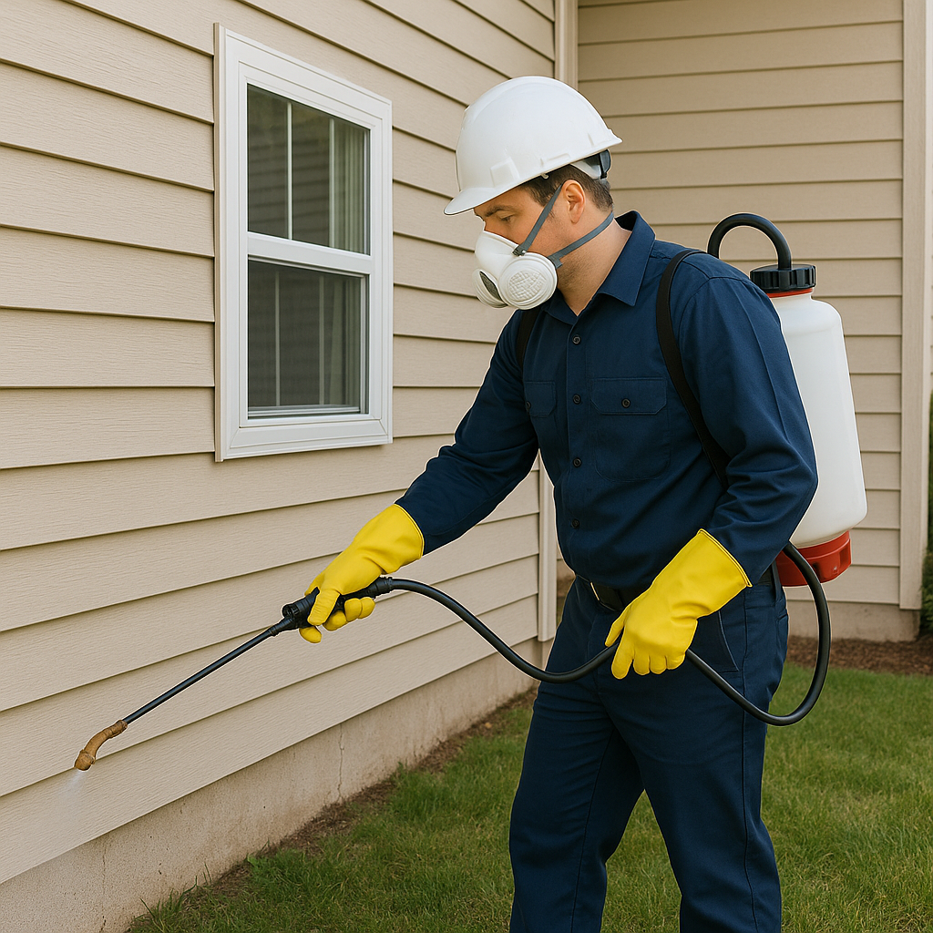 Professional pest control technician in protective gear treating the exterior foundation of a Wellington home with specialized equipment